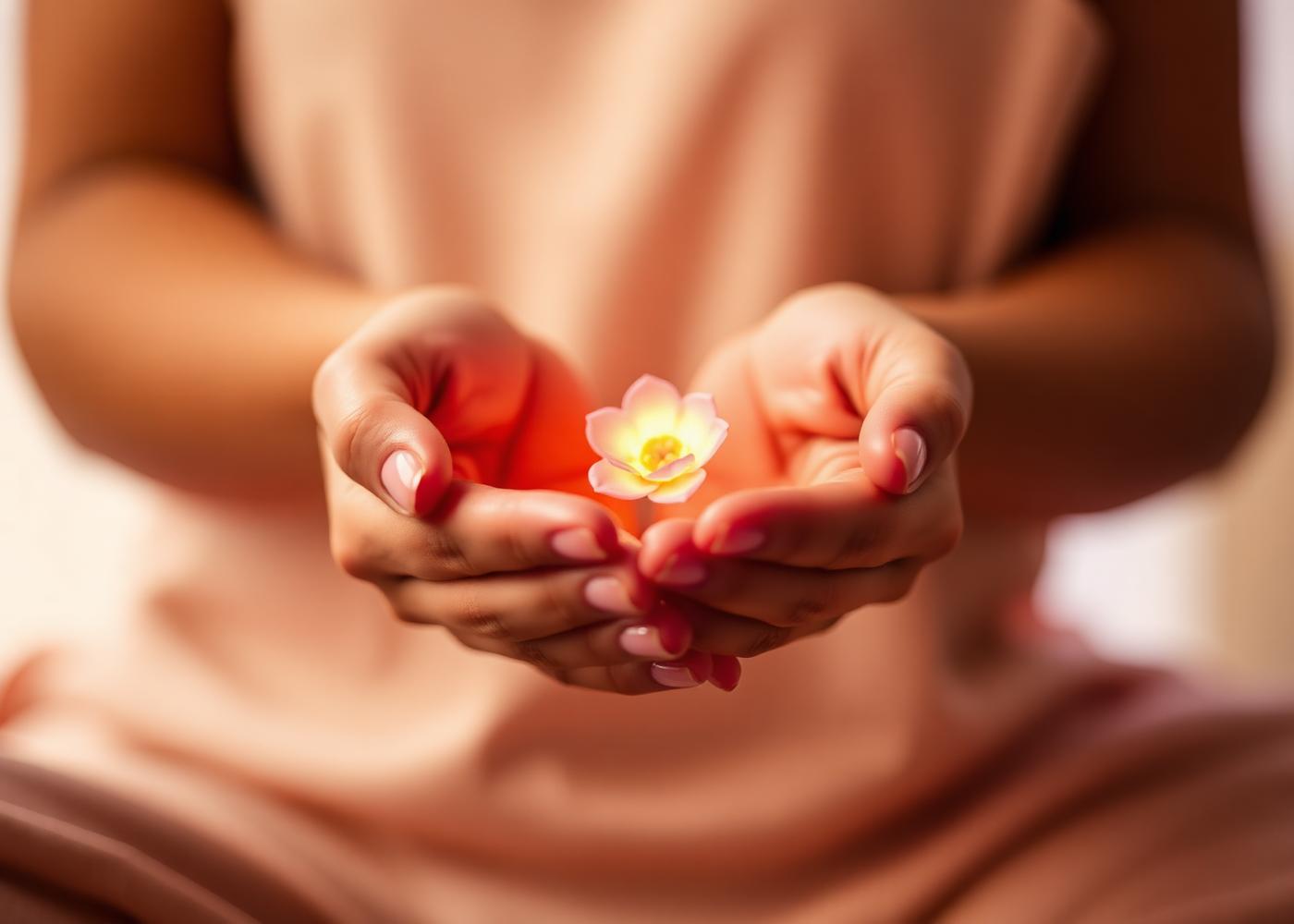 Hands holding a small flower, symbolising care